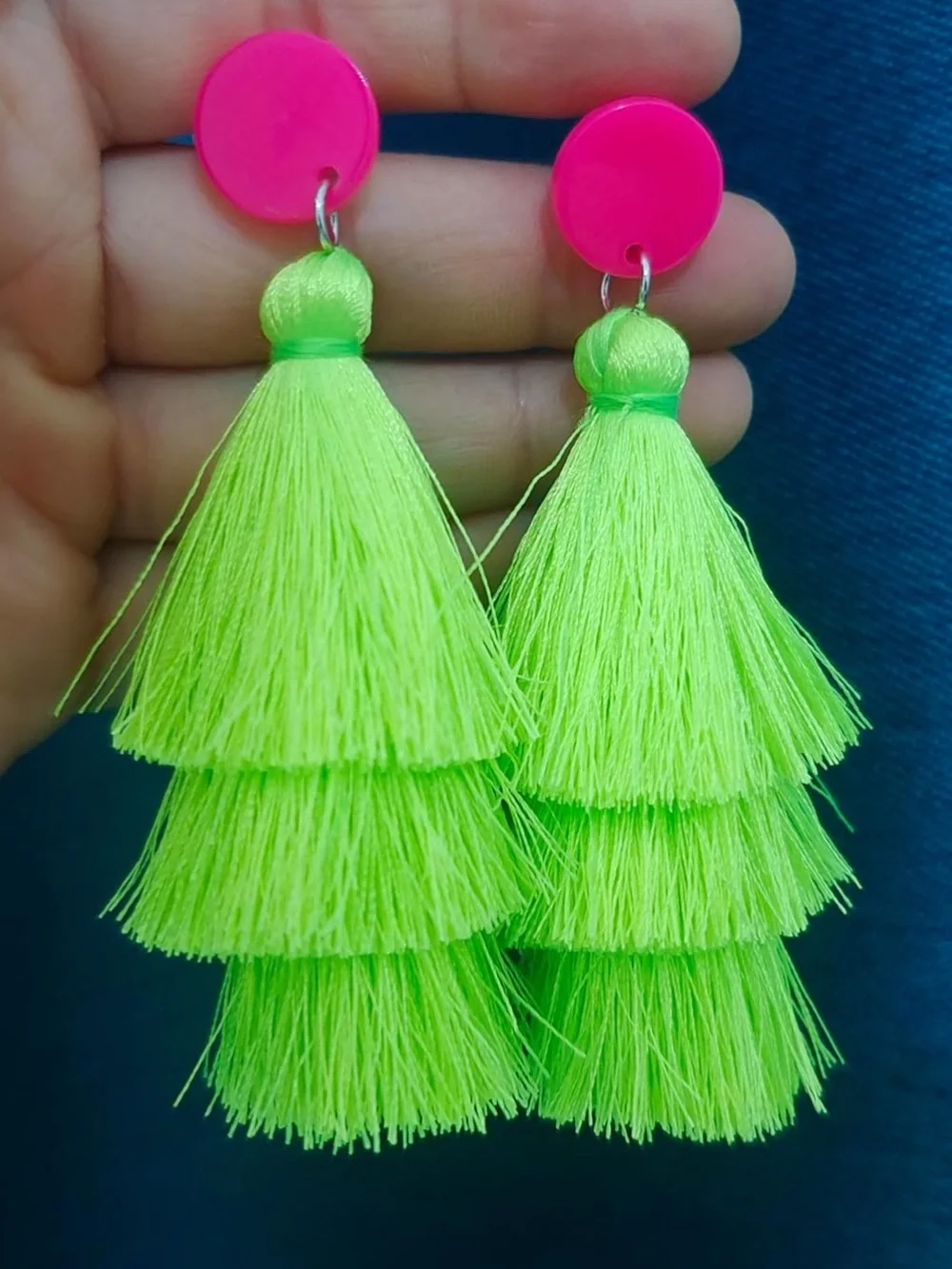 Zara Neon Green and Hot Pink Tiered Tassel Drop Earrings